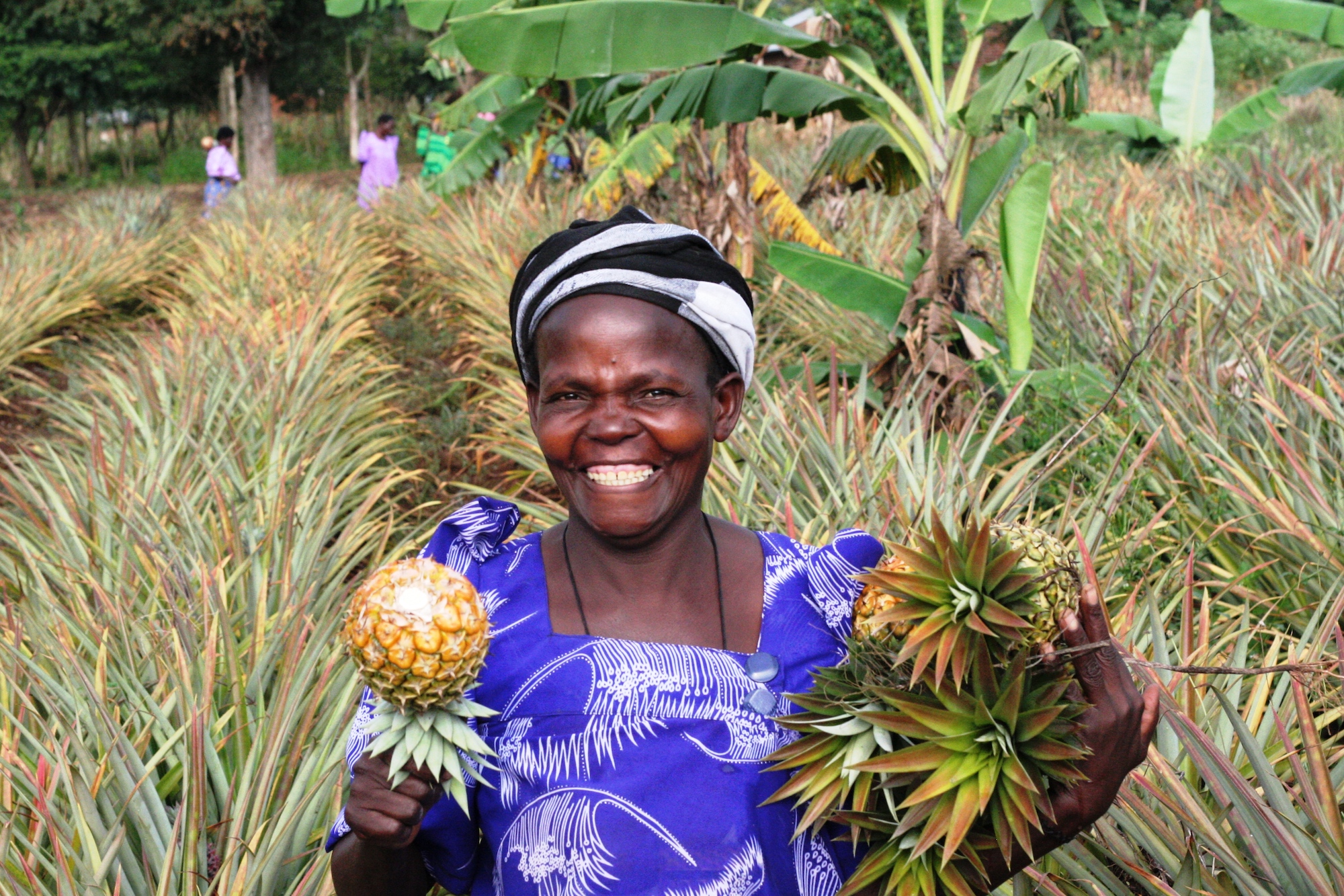 Woman smiling with pineapples in her arms