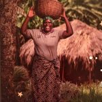 Woman in Uganda holding a basket of food on her head